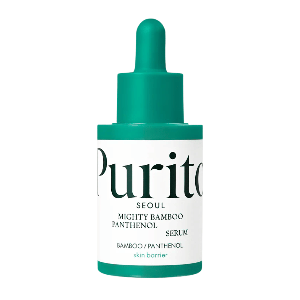 Purito Mighty Bamboo Panthenol Serum – minimalistische grüne Flasche mit pflegendem Serum für empfindliche und trockene Haut.