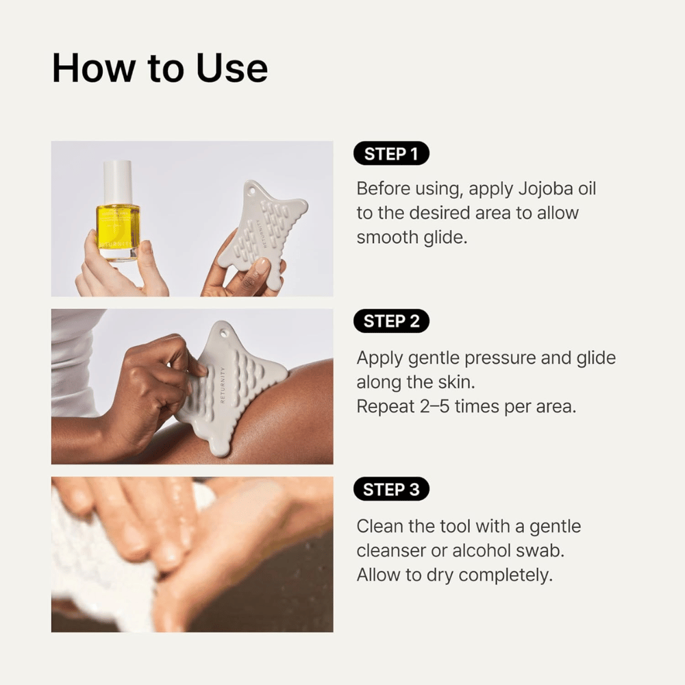 Anleitungsbild, das zeigt, wie RETURNITY Mini Guasha zusammen mit Jojobaöl für eine sanfte Massage und die Reinigung nach der Anwendung verwendet wird.