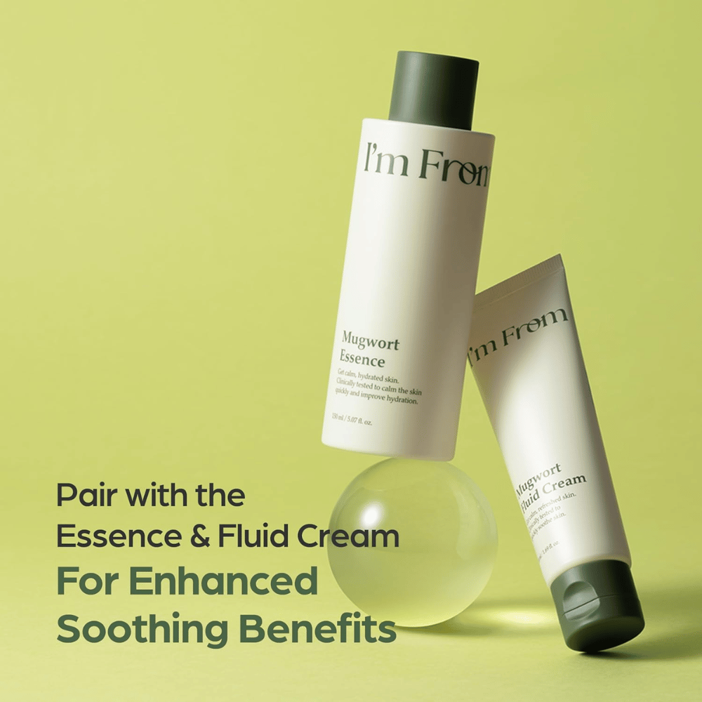 I'm From Mugwort Essence zusammen mit Mugwort Fluid Cream für eine beruhigende Hautpflegeroutine, die empfindliche Haut mit Feuchtigkeit versorgt und stärkt.
