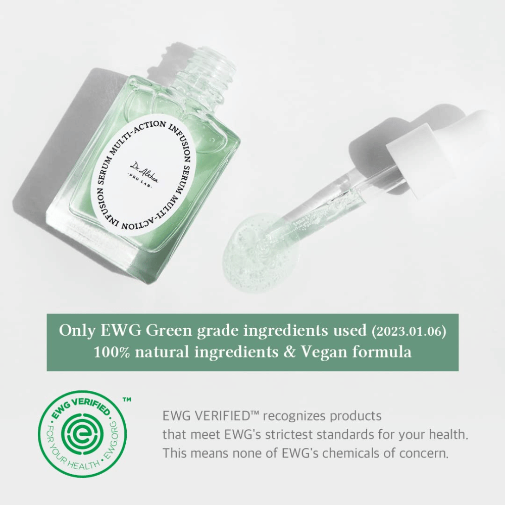 Dr. Althea Multi Action Infusion Serum mit veganer Formel und EWG-zertifizierten Inhaltsstoffen, sanft für empfindliche Haut und ohne schädliche Substanzen.