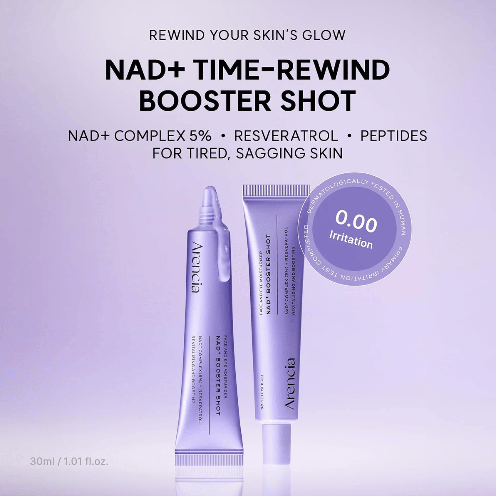 Arencia NAD+ Booster Shot mit 5% NAD+ Complex, Resveratrol und Peptiden – dermatologisch getestete Gesichtscreme für müde und reife Haut.