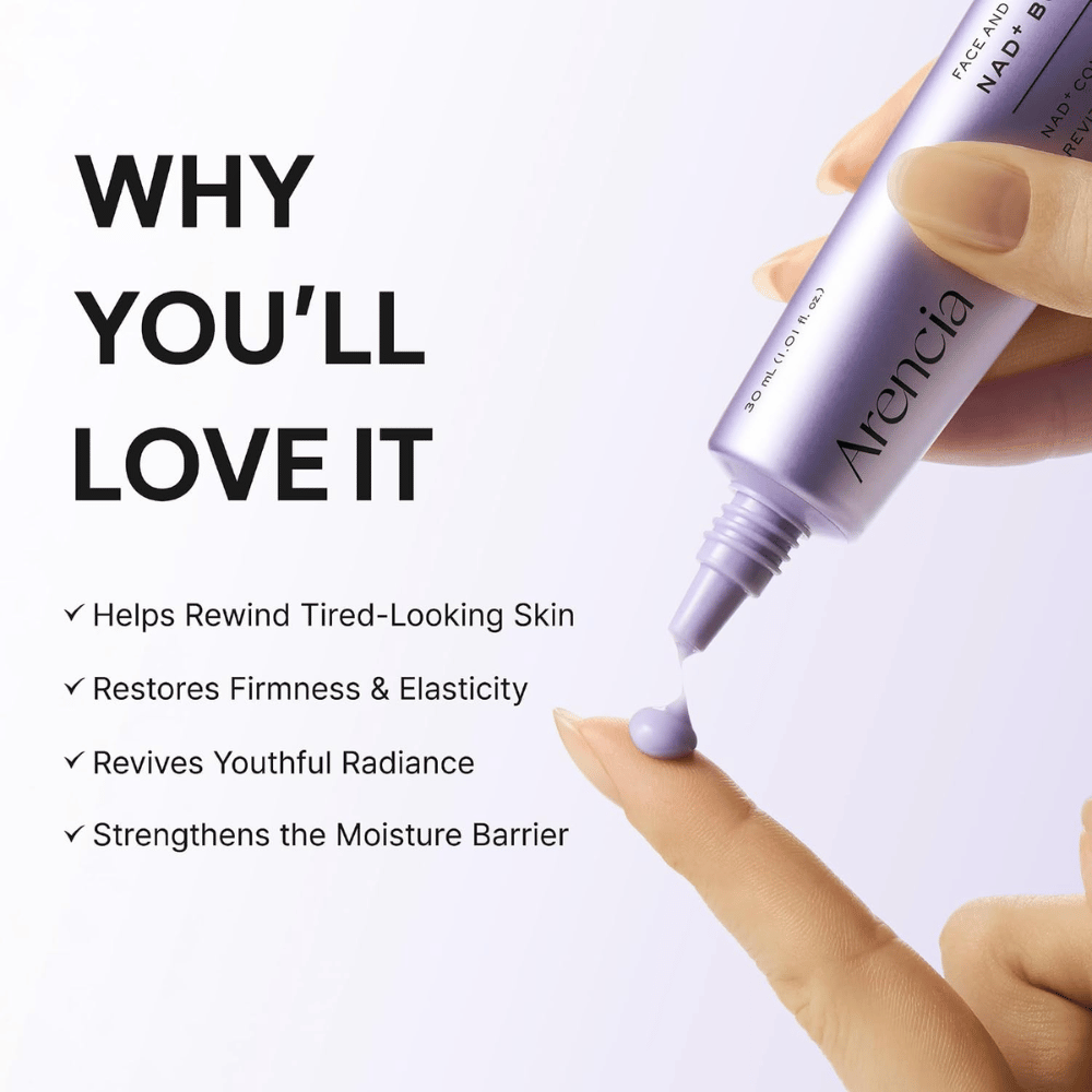 Arencia NAD+ Booster Shot 30 ml – pflegende Gesichtscreme, die die Hautbarriere stärkt und Festigkeit, Elastizität und Ausstrahlung verleiht.