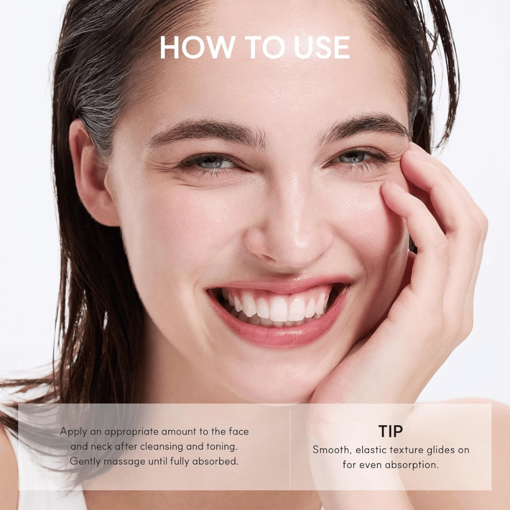 Arencia NAD+ Booster Shot – Anwendung der feuchtigkeitsspendenden Gesichtscreme auf Gesicht und Hals nach der Reinigung und gesichtswasser.