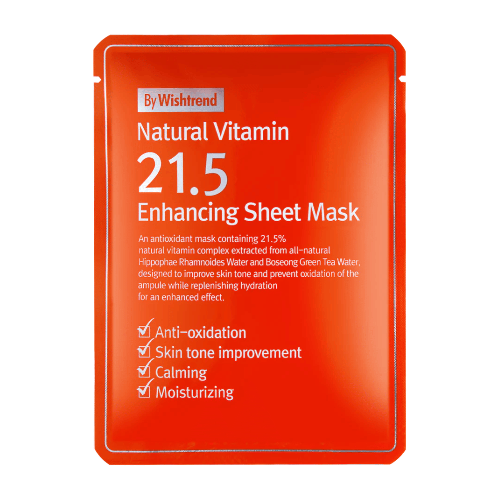 By Wishtrend Natural Vitamin 21.5% Enhancing Sheet mask in einer roten Verpackung mit weißem Text, der seine antioxidativen und feuchtigkeitsspendenden Eigenschaften hervorhebt.