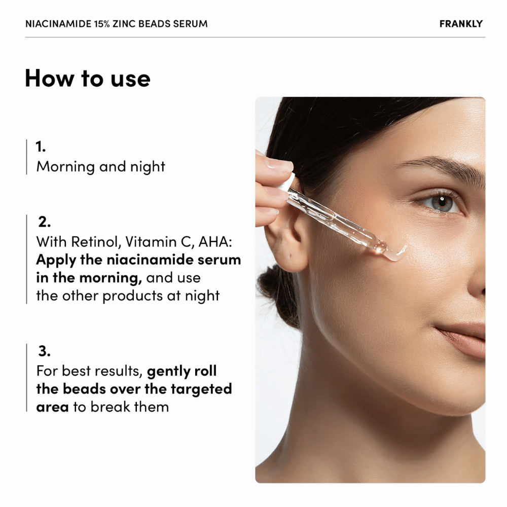 Frau trägt FRANKLY Niacinamid 15% + Zinkperlen Serum mit Pipette auf Wange auf. Text erklärt Anwendung morgens und abends sowie vorsichtige Massage der Perlen.