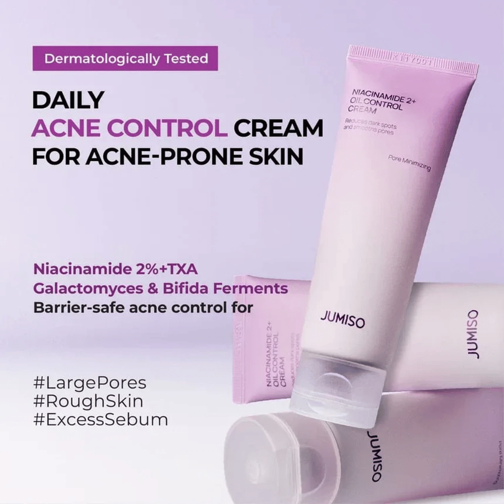 Marketingbild von JUMISO Niacinamide 2+ Oil Control Cream mit Fokus auf die tägliche Pflege für zu Akne neigende Haut. Der Text beschreibt Inhaltsstoffe wie Niacinamid, Tranexamsäure, Galactomyces und Bifida-Ferment, die helfen, Talg zu kontrollieren und die Hautbarriere zu stärken.