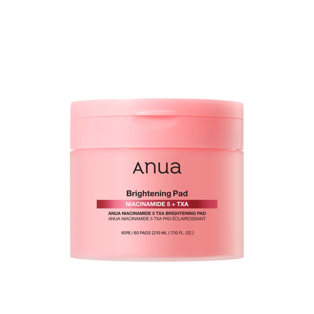 Rosa Verpackung von Anua Brightening Pad mit dem Text "Niacinamide 5 + TXA", enthält 60 Pads für Hautpflege mit Fokus auf Strahlkraft und gleichmäßigeren Hautton.