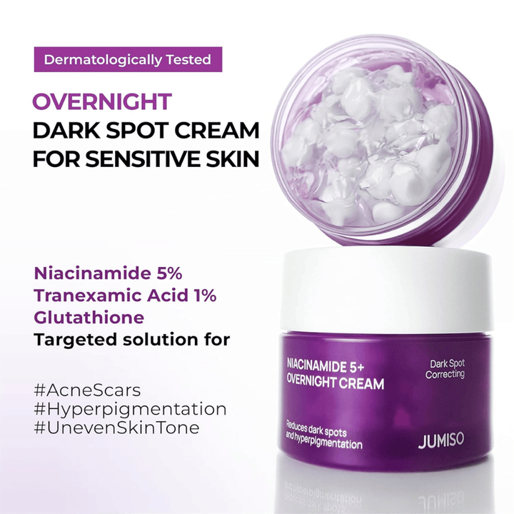 JUMISO Niacinamide 5+ Overnight Cream mit offener Dose, die die Kapselgel-Textur zeigt. Das Bild hebt Inhaltsstoffe wie 5 % Niacinamid, 1 % Tranexamsäure und Glutathion gegen Pigmentierung und ungleichmäßigen Hautton hervor.