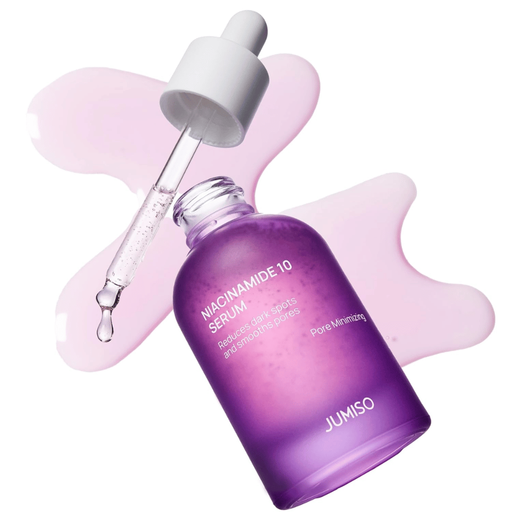 Jumiso Niacinamide 10 Serum mit Pipette. Das Serum enthält 10 % Niacinamid, das dunkle Flecken reduziert, Talg ausgleicht und Poren verfeinert.