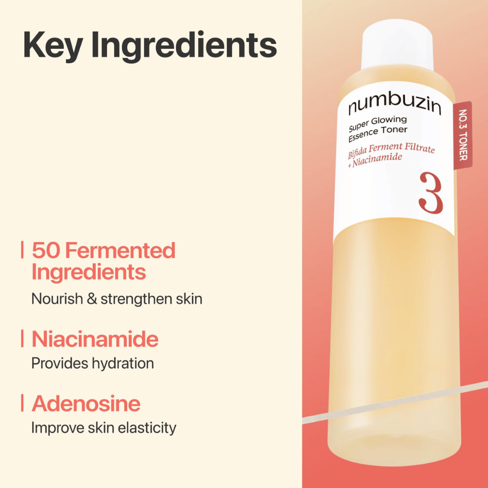 Numbuzin No.3 Toner enthält 50 fermentierte Inhaltsstoffe, Niacinamid und Adenosin, die die Haut stärken und mit Feuchtigkeit versorgen.