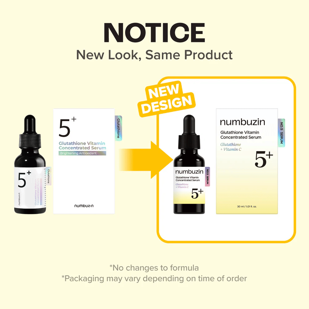 numbuzin No.5+ Glutathione Vitamin Concentrated Serum im neuen Verpackungsdesign – dieselbe Formel für mehr Ausstrahlung und einen ebenmäßigeren Hautton.