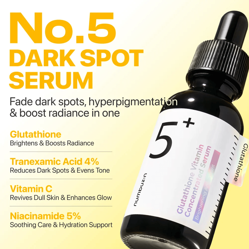numbuzin No.5+ Glutathione Vitamin Concentrated Serum – glanzverleihendes Serum mit Glutathion, Tranexamsäure, Vitamin C und 5 % Niacinamid.