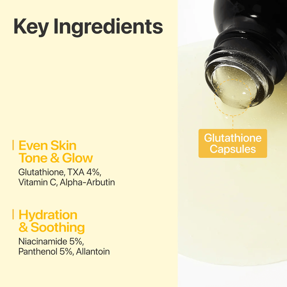 Nahaufnahme der Schlüsselinhaltsstoffe des Serums: Glutathion, TXA, Vitamin C und Niacinamid. Für Glanz, gleichmäßigen Hautton und Feuchtigkeit.