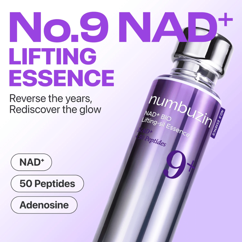 Numbuzin No.9 NAD+ Lifting Essence – kraftvolle Essenz mit NAD+, Peptiden und Adenosin, die den Glanz und die Festigkeit der Haut wiederherstellt.