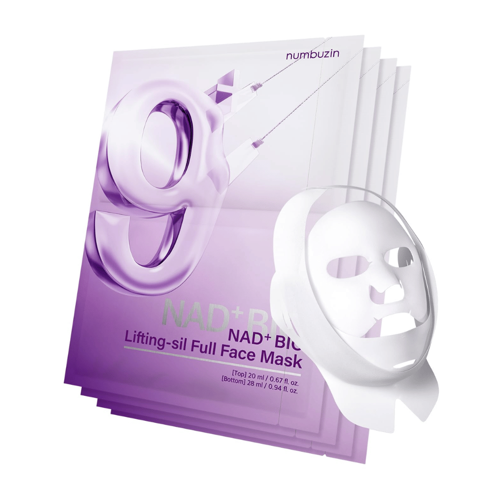 Verpackung mit Gesichtsmasken von No.9 NAD Bio Lifting-Sil, inklusive vollständiger Gesichtsmaske aus transparentem Material und der Verpackung, die die Anwendung des Produkts für ein Facelifting zeigt.