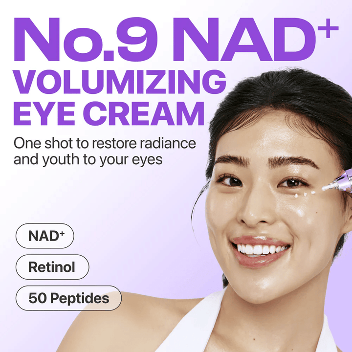 No.9 NAD+ Retinol Volumetox Eye Cream präsentiert als volumengebende Augencreme, die Glanz und jugendliches Aussehen um die Augen wiederherstellt.