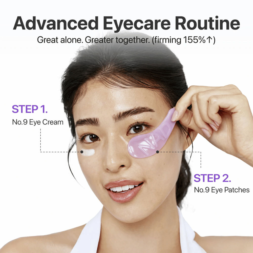 Anwendung von numbuzen No.9 NAD+ Collagen Eye Patch Schritt für Schritt in der Augenpflegeroutine für festere und wachere Haut.