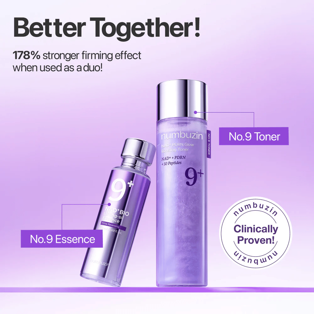 Numbuzin No.9 Toner och Essence visas tillsammans i lila toner. Text: ”Better Together – 178% stronger firming effect when used as a duo.”