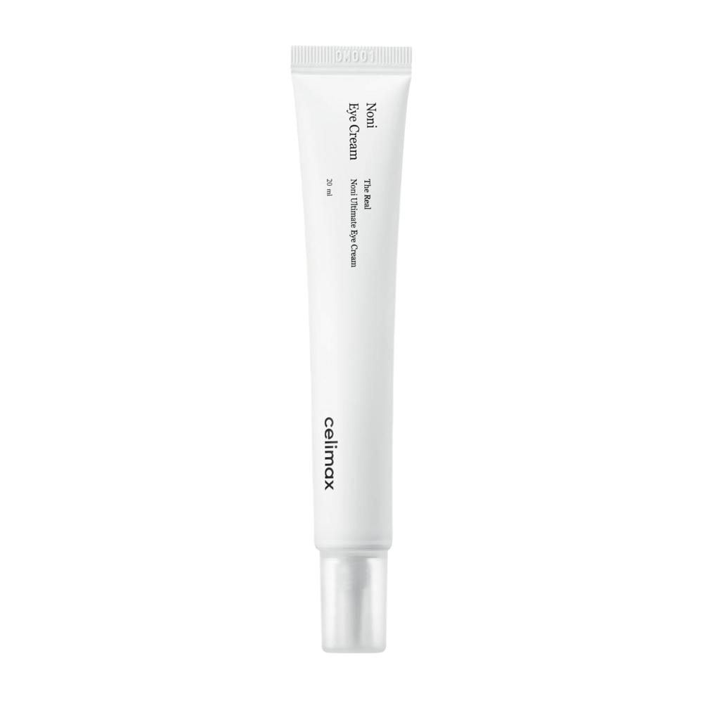 Noni Eye Cream in einer weißen Tube mit einem transparenten Deckel. Das Produkt ist von der Marke Celimax und enthält 20 ml. Der Text auf der Tube gibt an, dass es sich um eine nährende Augencreme handelt.