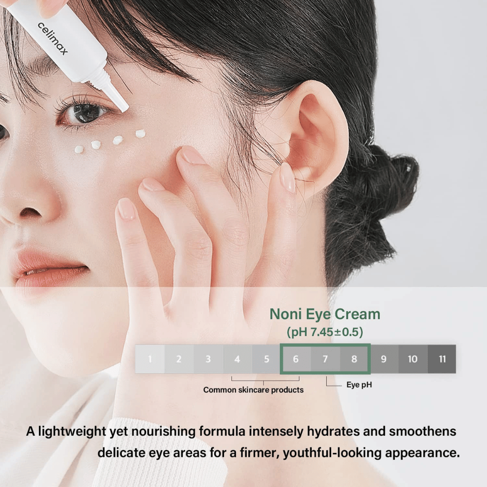Eine Frau trägt Noni Eye Cream unter den Augen auf. Das Produkt ist in einer weißen Tube verpackt und wird als kleine Punkte um den Augenbereich platziert. Der Text unter dem Bild beschreibt, dass die Creme leicht, aber nährstoffreich ist, die Feuchtigkeitsversorgung der Haut intensiviert und ein strafferes, jugendlicheres Aussehen verleiht. Der pH-Wert des Produkts (7,45±0,5) wird ebenfalls angezeigt.
