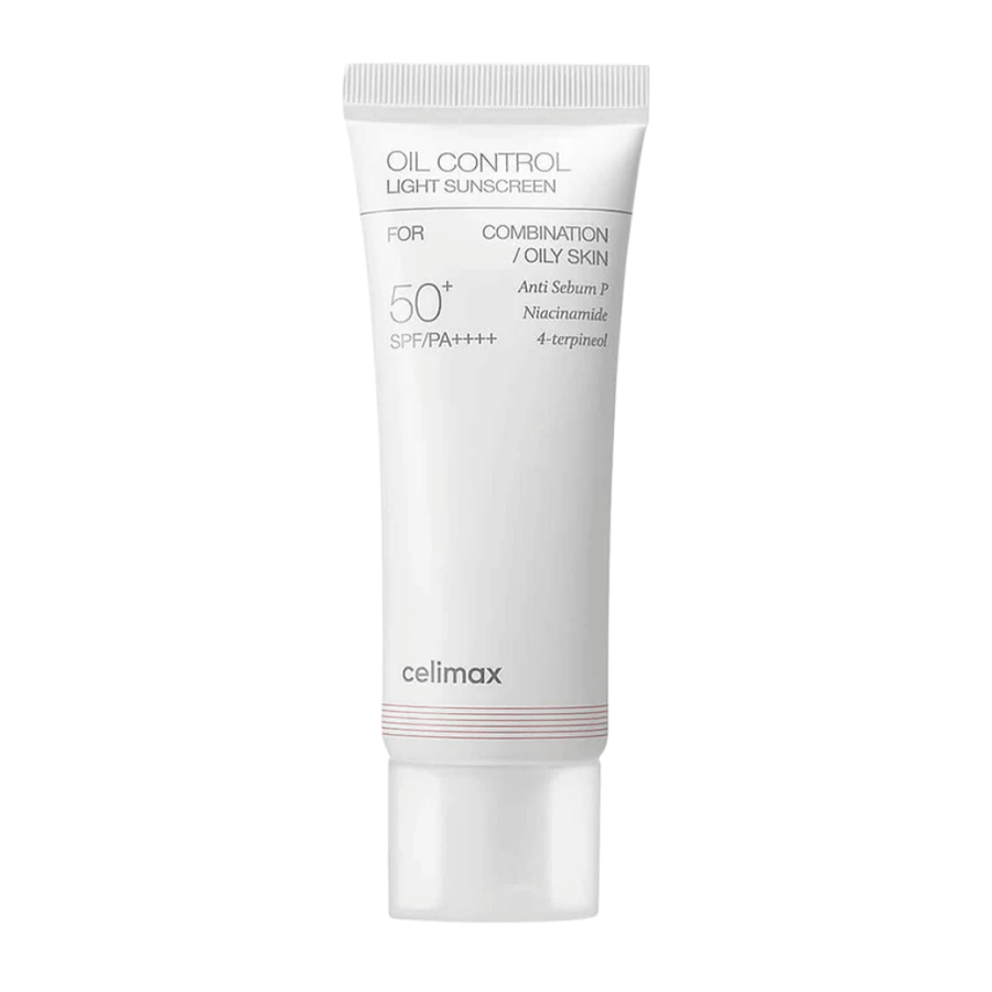 Celimax Oil Control Light Sunscreen SPF 50+ PA++++ Produktbild mit Fokus auf Formel und Inhaltsstoffe wie Niacinamid zur Talgreduzierung und für einen ebenmäßigeren Hautton
