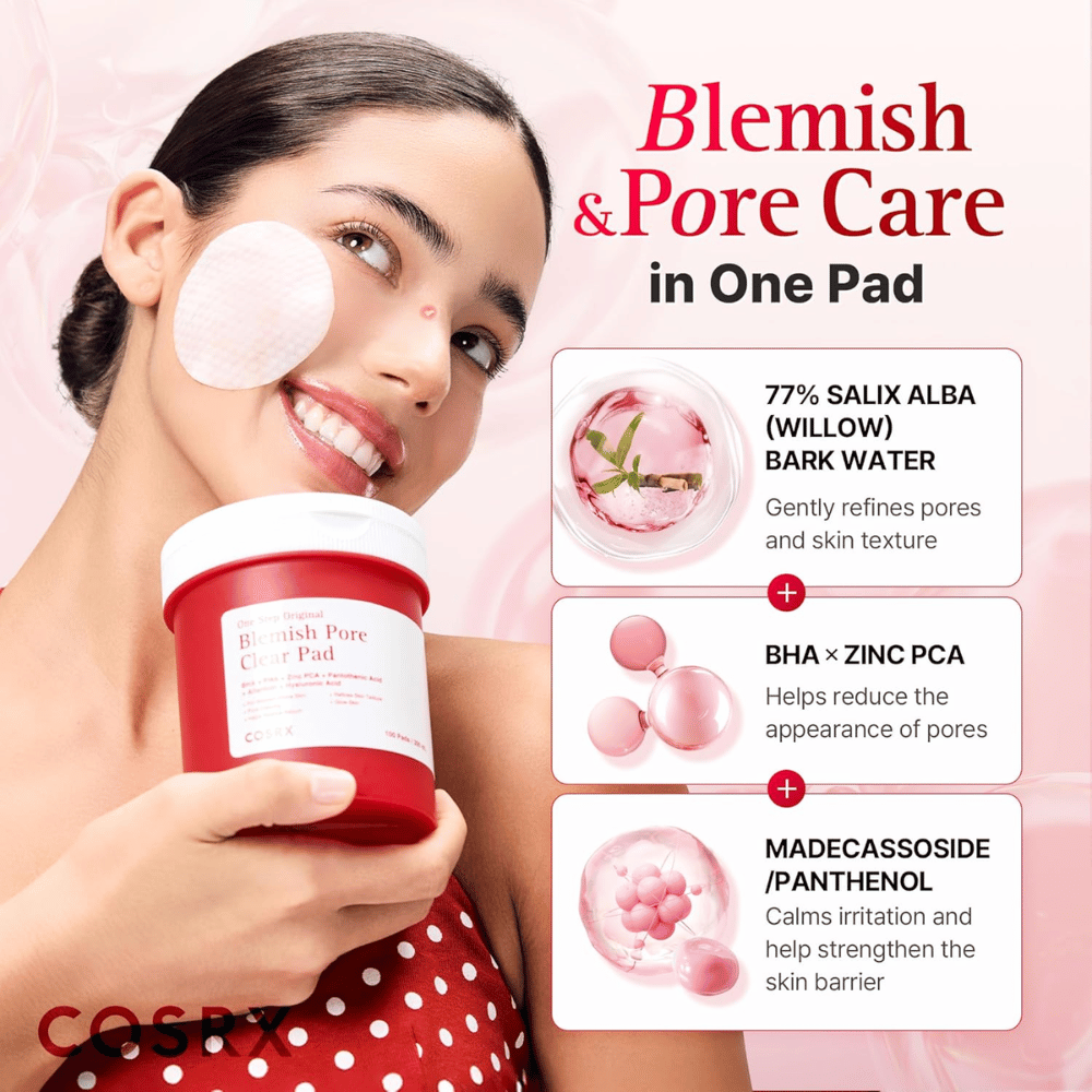 Produktbild mit Modell und Fokus auf Inhaltsstoffe für COSRX One Step Original Blemish Pore Clear Pad mit Willow Bark Water, BHA, Zinc PCA und Madecassoside.