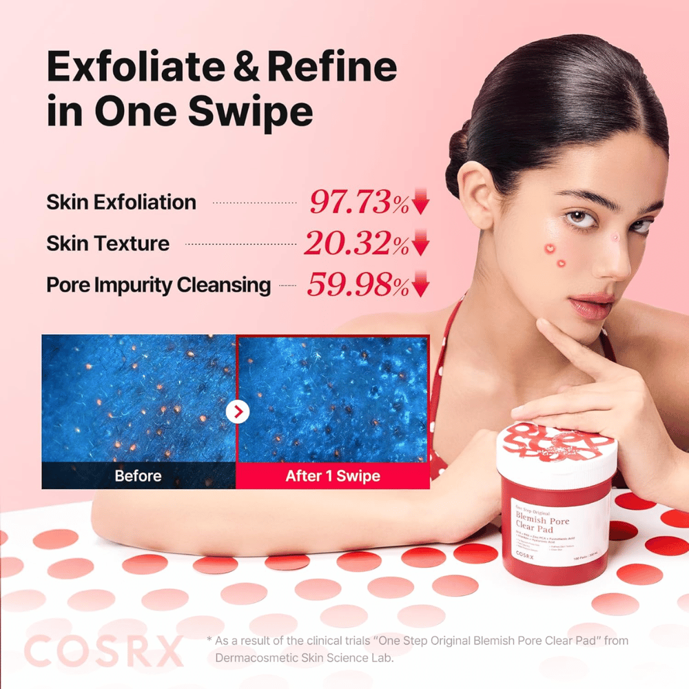 Kampagnenbild für COSRX One Step Original Blemish Pore Clear Pad, das die exfolierende Wirkung und die Reinigung der Poren nach nur einer Anwendung zeigt.