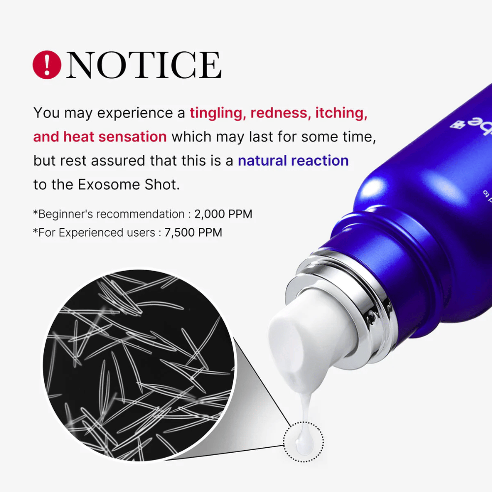 Bitte beachten Sie, dass die Verwendung von Medicube One Day Exosome Shot Pore Ampoule 2000 Kribbeln, Rötung, Juckreiz und Hitzegefühl verursachen kann. Dies ist eine natürliche Reaktion auf die Exosomenkomponente. Empfohlene Dosis: Anfänger 2.000 PPM, erfahrene Anwender 7.500 PPM.
