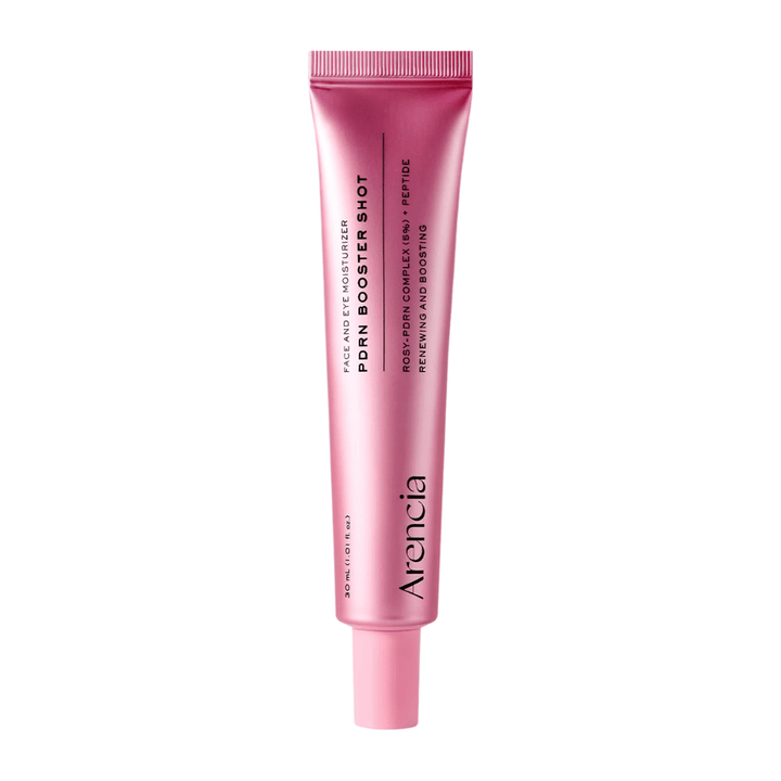 Reines Produktbild von Arencia PDRN Booster Shot mit minimalistischer rosa Verpackung und Fokus auf feuchtigkeitsspendende, regenerierende und glow-verleihende Hautpflege.