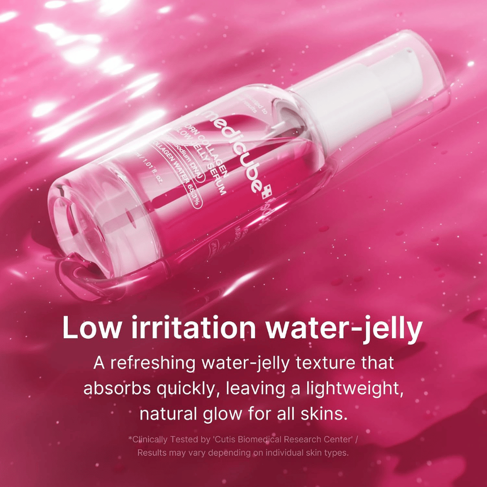 Medicube PDRN Collagen Glow Jelly Serum mit leichter Wasser-Gel-Textur, die schnell einzieht und Ausstrahlung verleiht