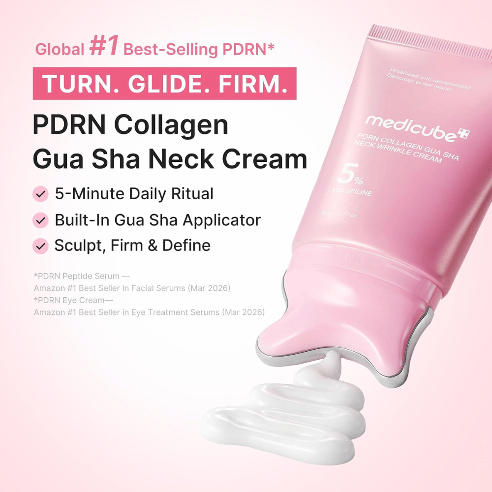 5. Medicube PDRN Collagen Gua Sha Neck Wrinkle Cream – rosa Halscreme mit Gua-Sha-Applikator und cremiger Konsistenz