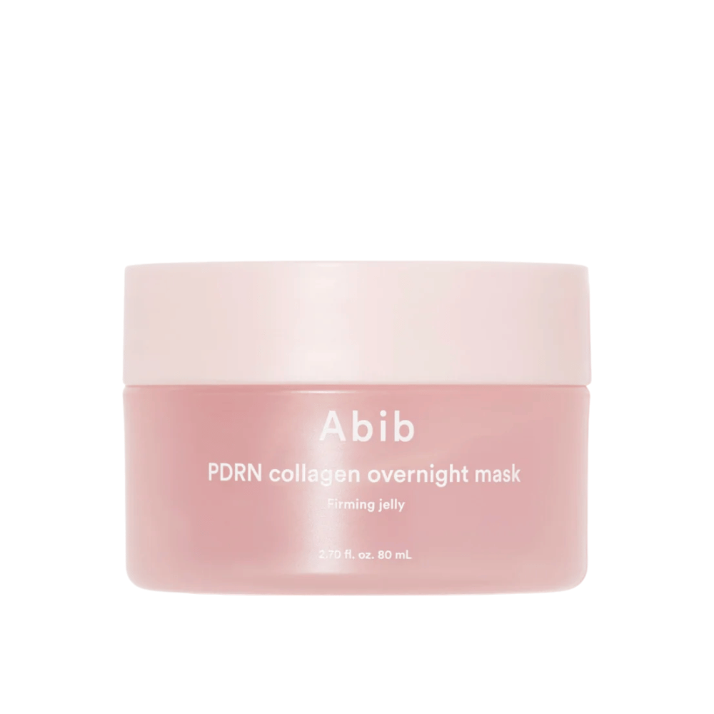 Minimalistisches Produktbild von Abib PDRN Collagen Overnight Mask im rosa Tiegel mit Fokus auf Design und Produktnamen vor hellem Hintergrund.