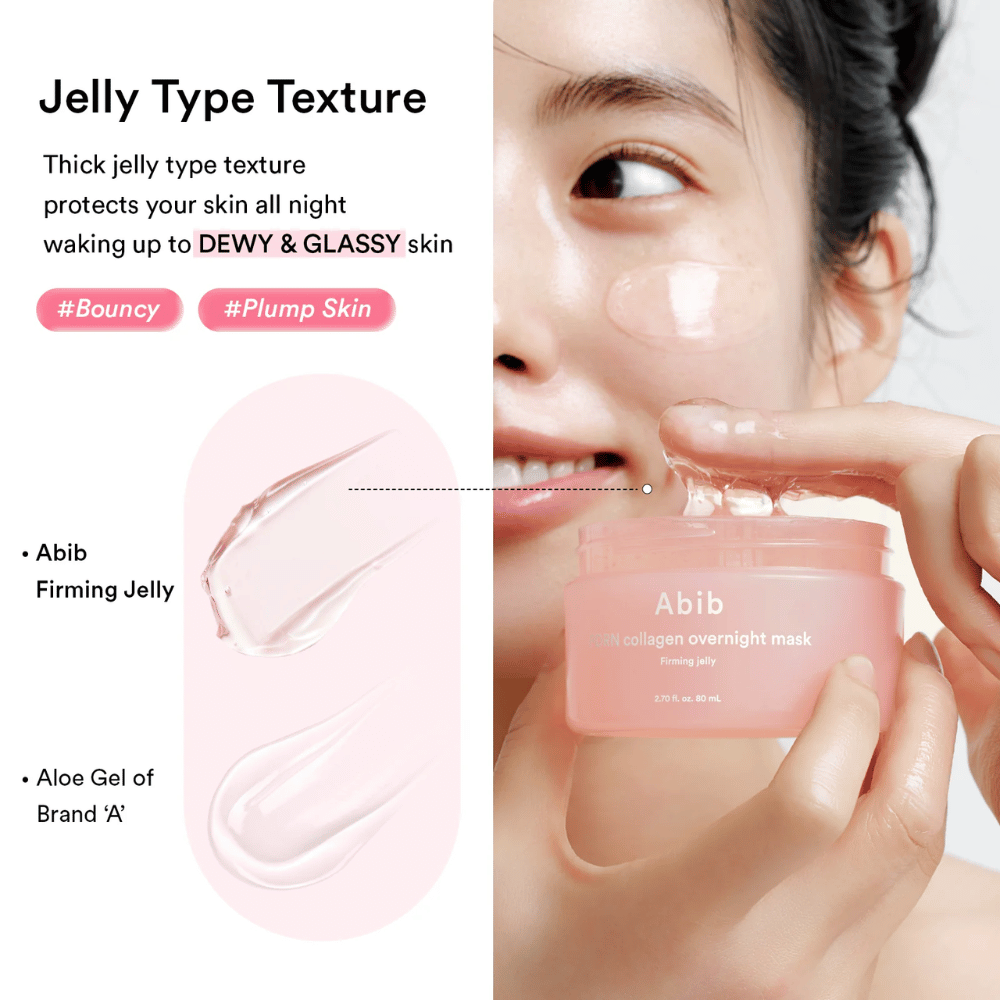 Nahaufnahme der gelartigen Konsistenz von Abib PDRN Collagen Overnight Mask, die eine reichhaltige und glänzende Textur zeigt, entwickelt für hydratisierte und taufrische Haut.