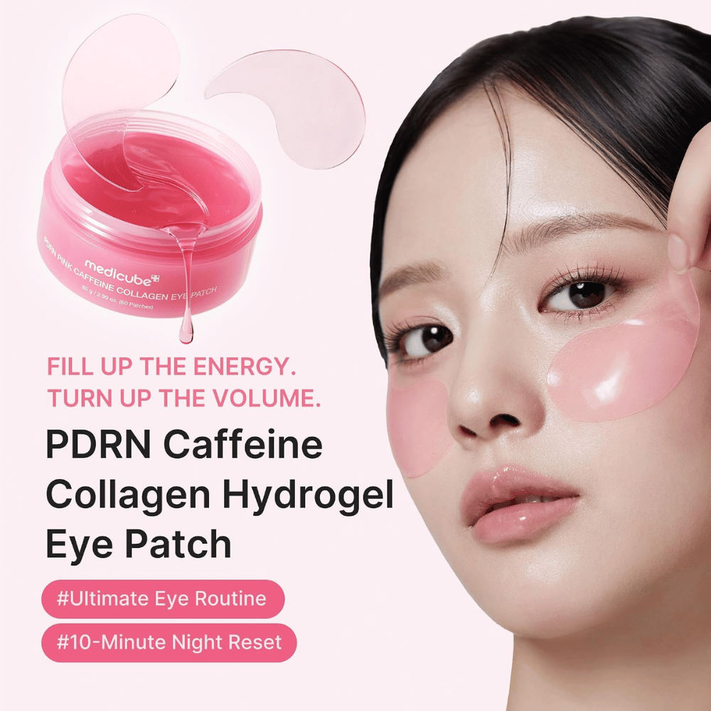 4. Medicube PDRN Pink Caffeine Collagen Eye Patch – feuchtigkeitsspendende rosa Hydrogel-Augenmasken, die der Haut Leuchtkraft verleihen