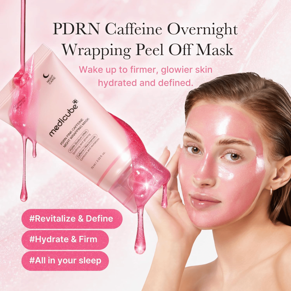 Medicube PDRN Pink Caffeine Night Wrapping Mask – rosa Peel-off-Nachtmaske mit PDRN und Koffein für Feuchtigkeit, Ausstrahlung und ein strafferes Hautgefühl.