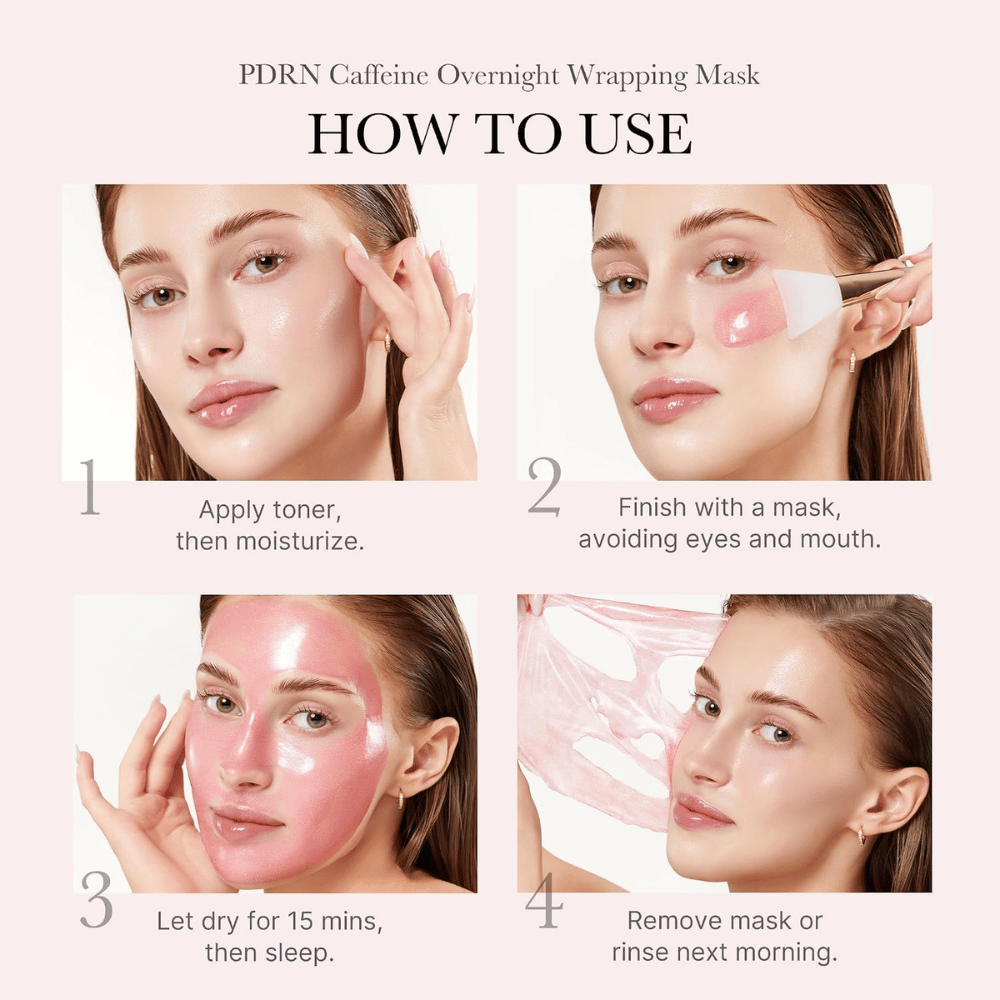 So verwendest du Medicube PDRN Pink Caffeine Night Wrapping Mask – abends auftragen, trocknen lassen und die Maske am Morgen entfernen.