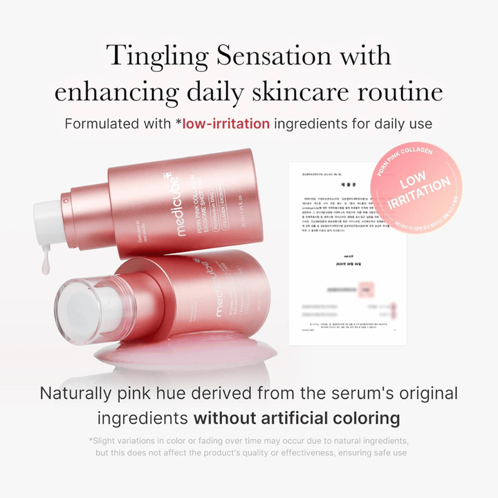 Medicube PDRN Pink Collagen Exosome Shot 7500 präsentiert mit Fokus auf geringe Reizung. Das Serum hat einen natürlich rosa Farbton durch die Inhaltsstoffe und wurde entwickelt, um ein prickelndes Gefühl zu erzeugen, das die Hautpflegeroutine unterstützt.