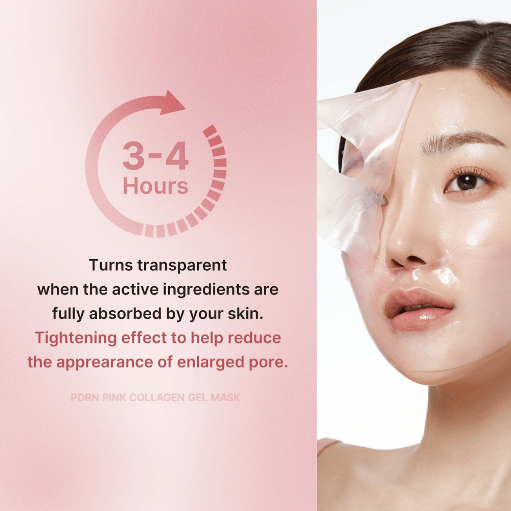 Medicube PDRN Pink Collagen Gel Mask mit der Anweisung, die Maske 3-4 Stunden zu tragen, bis sie transparent wird. Die Maske absorbiert die aktiven Inhaltsstoffe und strafft die Haut, um sichtbare Poren zu reduzieren.