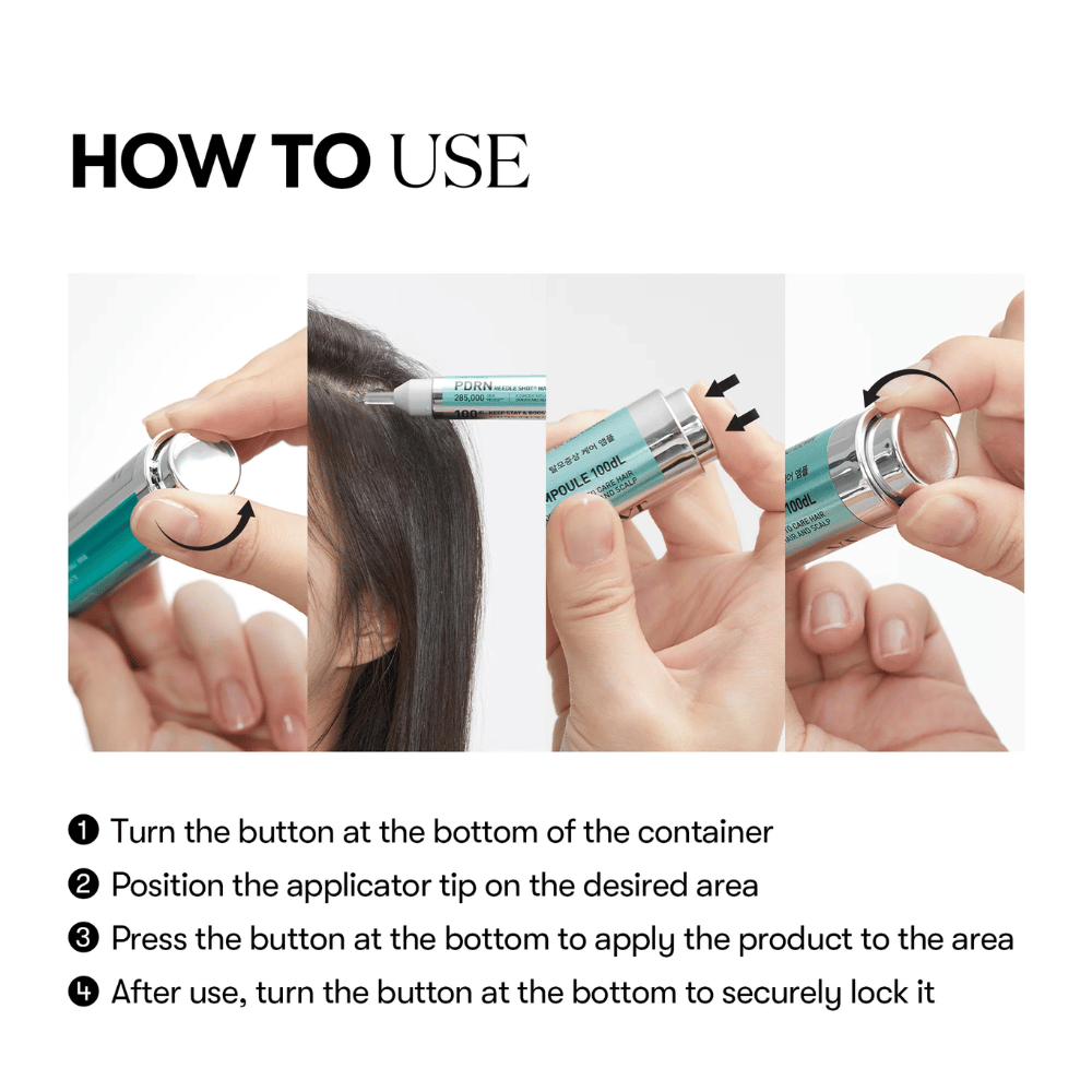 Schritt-für-Schritt-Bild, das zeigt, wie PDRN Reedle Shot Hair Ampoule 100dL mit Dreh- und Druckfunktion für eine präzise und hygienische Dosierung auf die Kopfhaut aufgetragen wird.