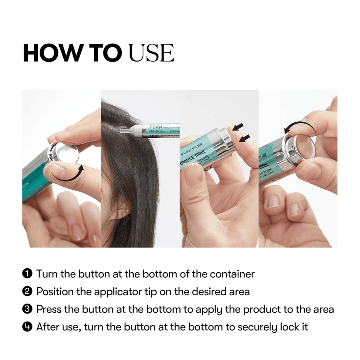 Schritt-für-Schritt-Bild, das zeigt, wie PDRN Reedle Shot Hair Ampoule 100dL mit Dreh- und Druckfunktion für eine präzise und hygienische Dosierung auf die Kopfhaut aufgetragen wird.