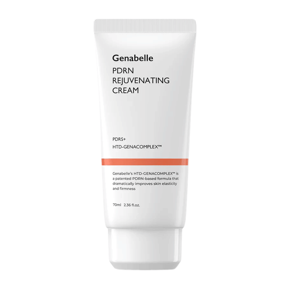 Produktbild von Genabelle PDRN Rejuvenating Cream in einer weißen Tube vor weißem Hintergrund. Feuchtigkeitsspendende Gesichtscreme mit PDRN und HTD-GENACOMPLEX™, die dabei hilft, die Elastizität und Festigkeit der Haut zu verbessern.