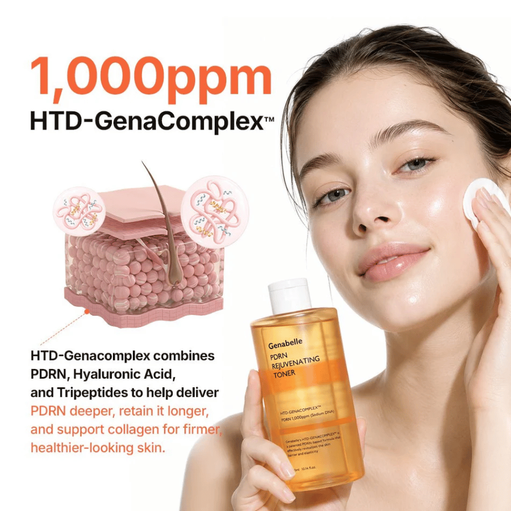 Genabelle PDRN Rejuvenating Toner mit HTD-GenaComplex, PDRN, Hyaluronsäure und Peptiden, die Feuchtigkeit spenden und die Elastizität der Haut verbessern.