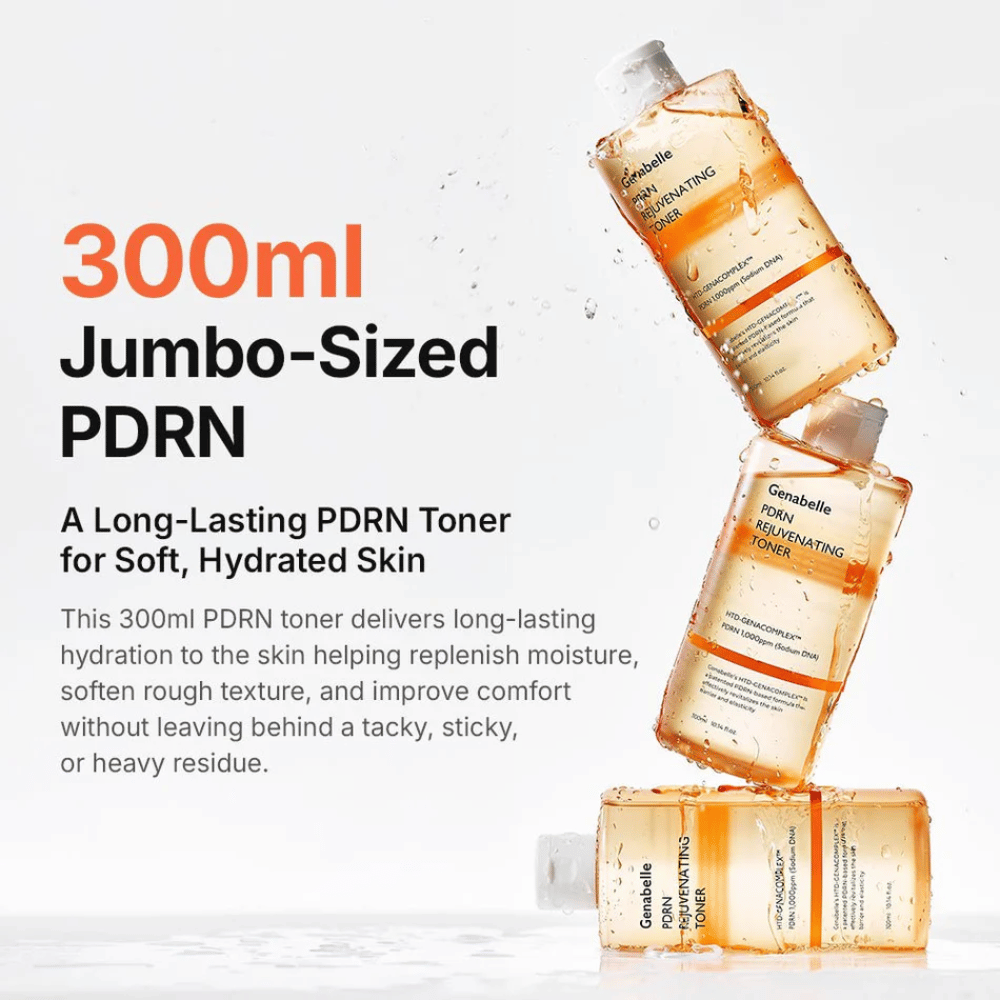 Genabelle PDRN Rejuvenating Toner 300 ml mit PDRN, das langanhaltende Feuchtigkeit, weichere Haut und ein frisches Hautgefühl ohne Klebrigkeit verleiht.