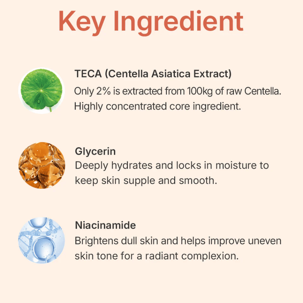 MADECA LAB PDRN Glow Gel Mask Schlüsselzutaten – TECA aus Centella Asiatica, Glycerin und Niacinamid, die die Haut beruhigen, tiefenwirksam befeuchten und den Hautton verbessern.