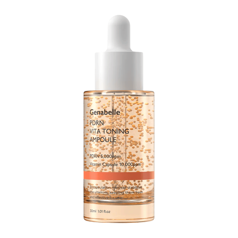 Freigestelltes Produktbild von Genabelle PDRN Vita Toning Ampoule in transparenter Glasflasche mit weißen Pipettenverschlüssen und sichtbaren Vitaminkapseln in der Serumformel.