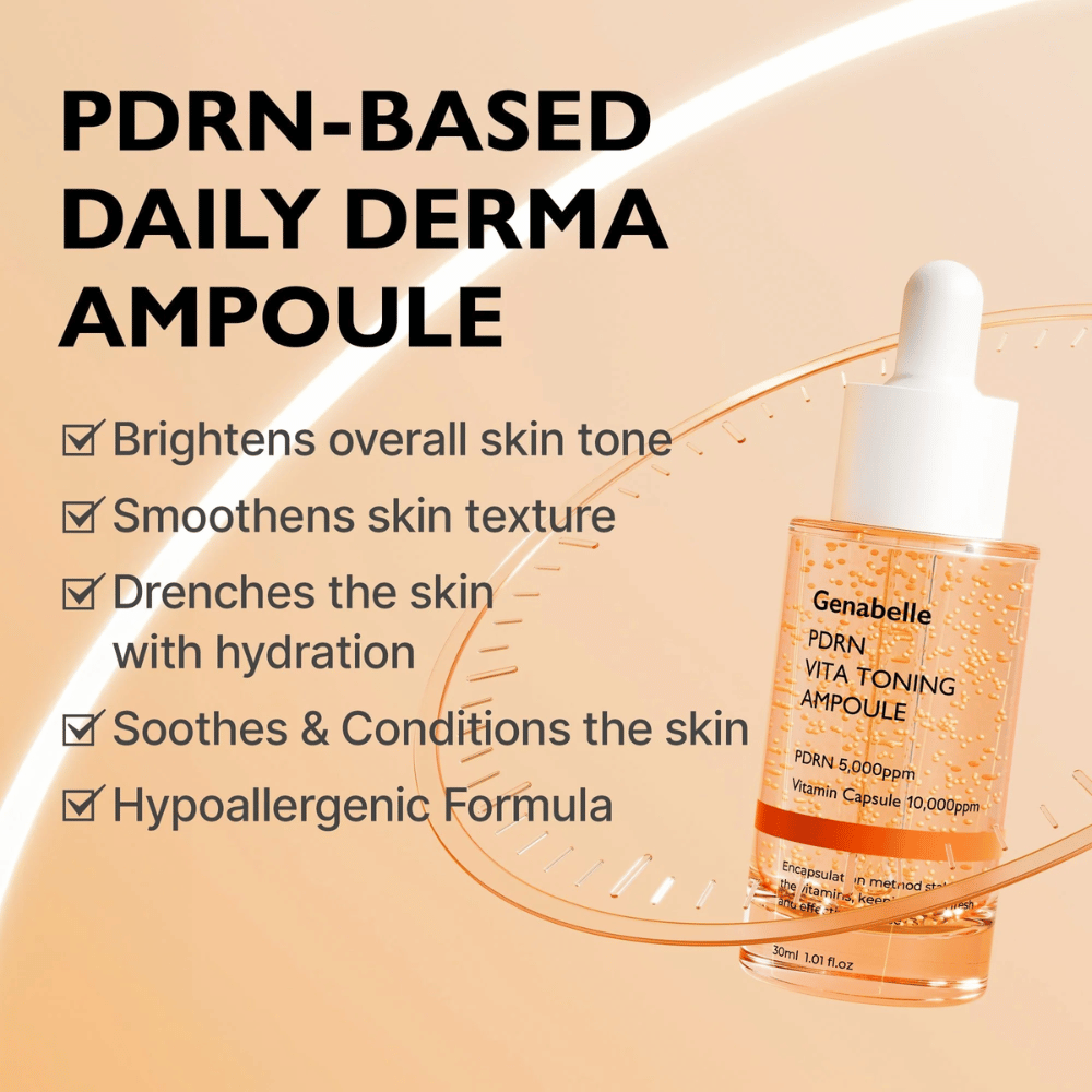 Produktbild von Genabelle PDRN Vita Toning Ampoule mit Text über Feuchtigkeitsversorgung, ebenmäßigeren Hautton und beruhigende Eigenschaften für empfindliche Haut mit hypoallergener Formel.