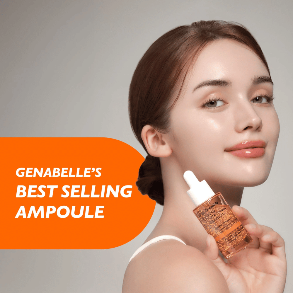 Modell hält Genabelle PDRN Vita Toning Ampoule neben das Gesicht mit Fokus auf Glow, Strahlen und mit Feuchtigkeit versorgte Haut aus koreanischem Serum mit Vitaminkapseln und PDRN.