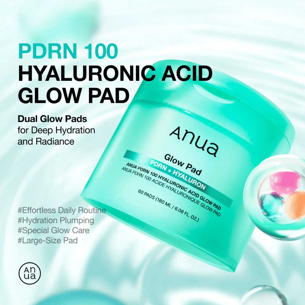 Anua PDRN 100 Hyaluronic Acid Glow Pad in türkisfarbener Dose mit Text, der Feuchtigkeit, Glow und große Padgröße hervorhebt – entworfen für tägliche Feuchtigkeitszufuhr und Strahlen.