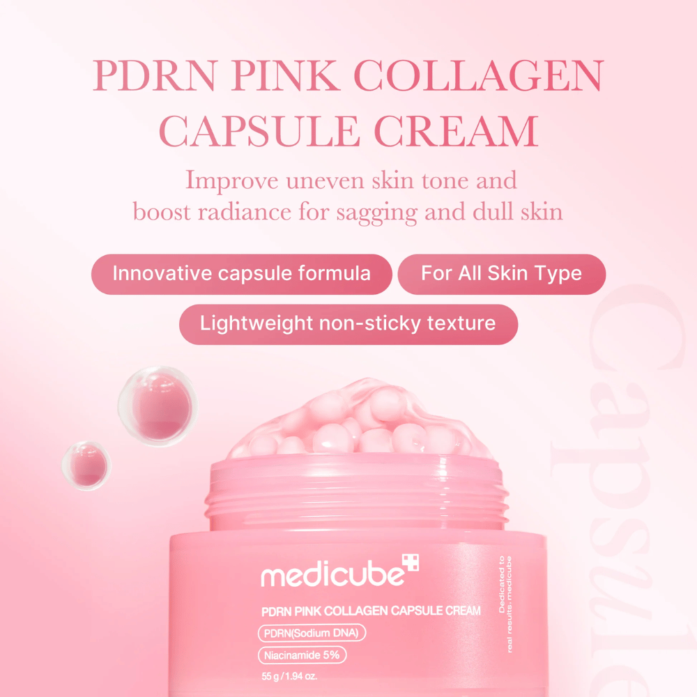 Rosa Behälter mit Medicube PDRN Pink Collagen Capsule Cream, umgeben von kapselartigen Blasen und Text, der die Eigenschaften der Creme für ungleichmäßigen Hautton, Leuchtkraft und alle Hauttypen hervorhebt.