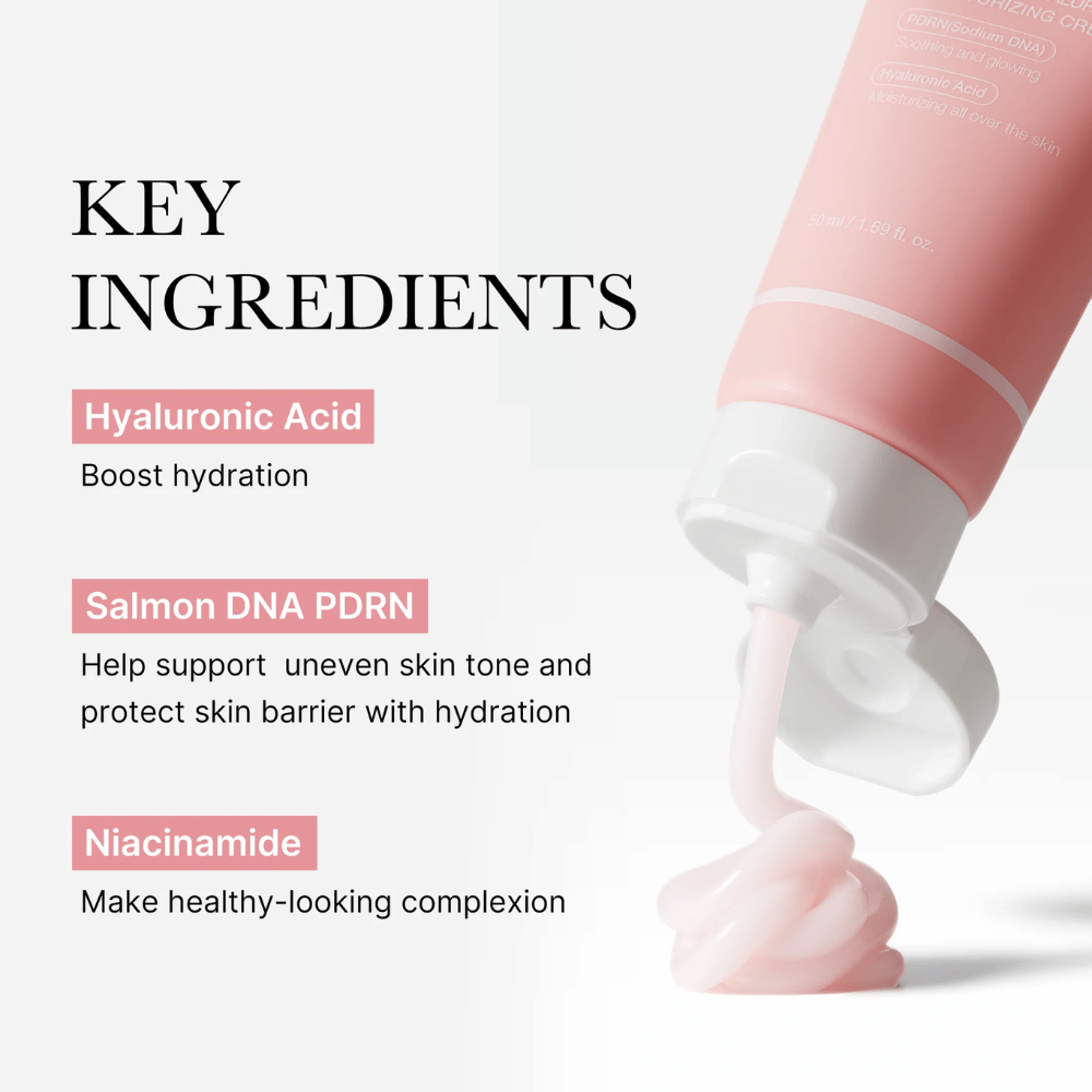 Medicube PDRN Pink Hyaluronic Moisturizing Cream mit den Hauptbestandteilen Hyaluronsäure, Lachs-DNA PDRN und Niacinamid, gezeigt mit rosa Creme aus der Tube.